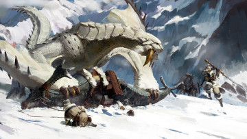 Картинка фэнтези существа warriors rock monster fantasy sword art mountain digital weapons snowfall battle snow artwork