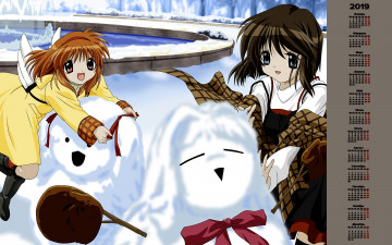обоя календари, аниме, девочка, снеговик, взгляд