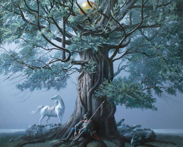 Обои картинки фото фэнтези, пейзажи, дерево, уставший, копье, байтерек, 2012г, воин, белый, конь, айбек, бегалин, дракон