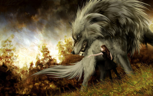 Обои картинки фото фэнтези, красавицы и чудовища, anna, podedworna, hound, девушка, арт, волк