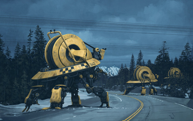 Обои картинки фото фэнтези, роботы,  киборги,  механизмы, лес, горы, машины, cablers, дорога