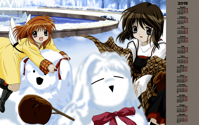 Обои картинки фото календари, аниме, девочка, снеговик, взгляд