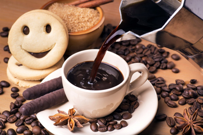 Обои картинки фото еда, кофе,  кофейные зёрна, анис, печенье