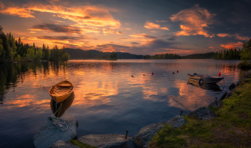 Картинка корабли лодки +шлюпки норвегия озеро закат