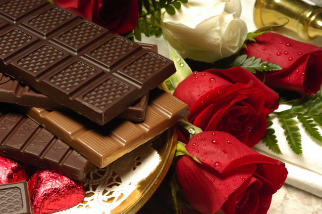 Обои картинки фото еда, конфеты,  шоколад,  сладости, розы, цветы, плитки, шоколад