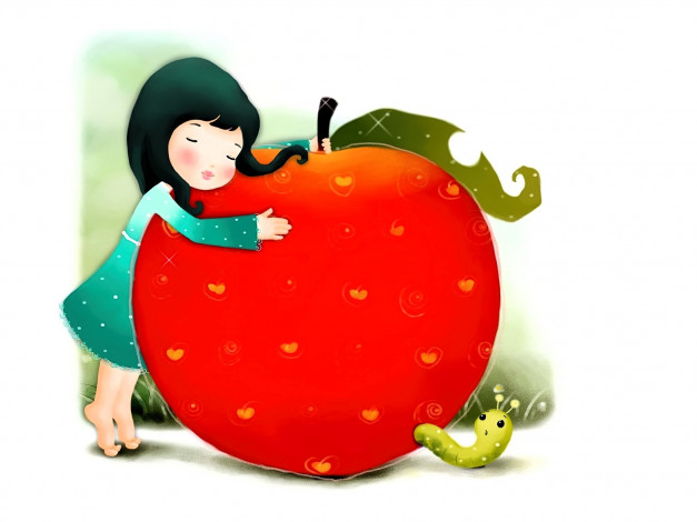 Обои картинки фото рисованное, дети, девочка, яблоко, червяк