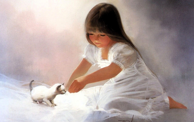 Обои картинки фото рисованное, donald zolan, девочка, котенок