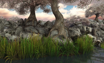 Картинка 3д графика nature landscape природа камни деревья вода
