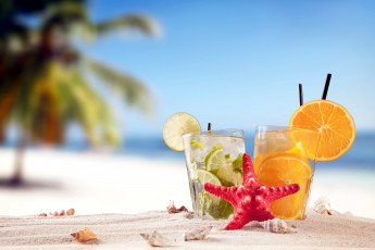 обоя еда, напитки,  коктейль, ракушки, summer, tropical, vacation, beach, drink, пляж, песок, лето, море, отдых, солнце, коктейли, лайм, апельсин