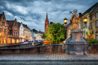 Картинка города брюгге+ бельгия огни ночь памятник брюгге дома улица