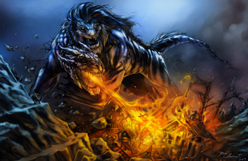 Картинка фэнтези существа огонь горы чудовище монстр люди пламя