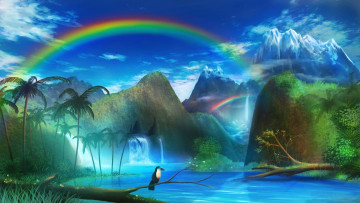 Картинка фэнтези пейзажи река птица радуга горы пальмы мир иной