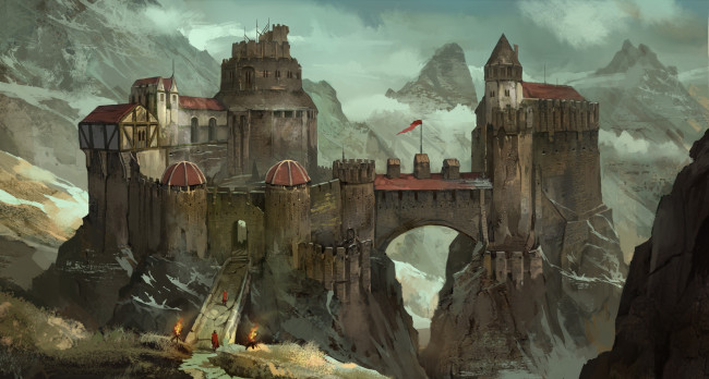 Обои картинки фото фэнтези, замки, мост, горы, снег, огонь, флаг, панорама, облака, небо, арт, замок
