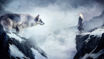 Картинка фэнтези красавицы+и+чудовища девушка воин горы снег волк