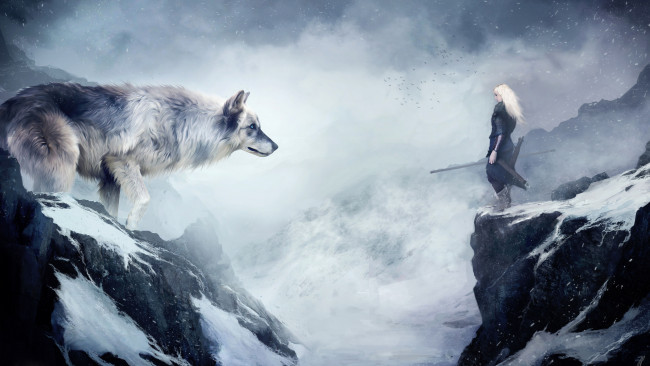 Обои картинки фото фэнтези, красавицы и чудовища, девушка, воин, горы, снег, волк