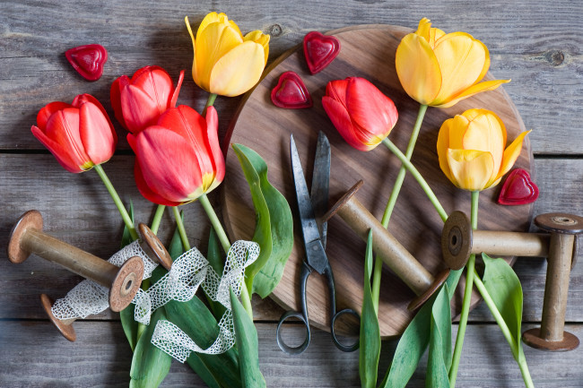 Обои картинки фото цветы, тюльпаны, сердечки, доска, жёлтые, красные