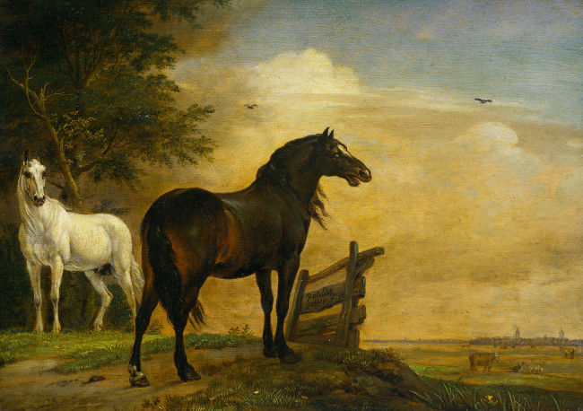 Обои картинки фото рисованное, животные,  лошади, паулюс, поттер, масло, дерево, две, лошади, на, пастбище, с, забором, картина