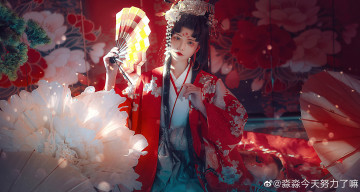 Картинка рисованное люди девушка азиатка веер кимоно цветы зонт