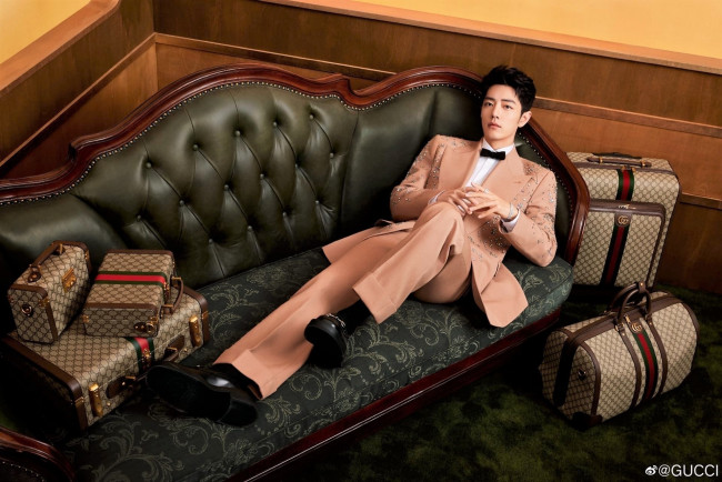 Обои картинки фото мужчины, xiao zhan, актер, костюм, диван, чемоданы