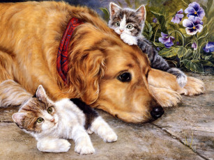 обоя рисованные, животные, котенок, щенок