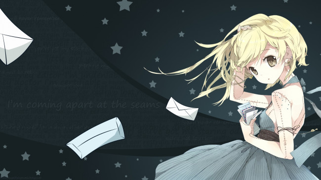 Обои картинки фото аниме, *unknown, другое, девушка, платье, письма, звезды, ветерок