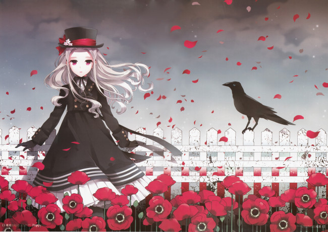 Обои картинки фото аниме, *unknown, другое, девушка, маки, цветы, лепестки, ветер, забор, платье, ворон, шляпа