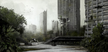 обоя фэнтези, роботы,  киборги,  механизмы, робот, город, запустение, руины, иной, постапокалипсис, мир