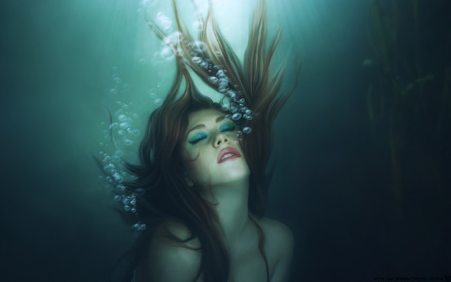 Обои картинки фото фэнтези, девушки, водоросли, воздух, пузырьки, глубина, море