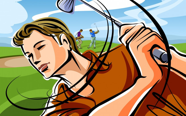 Обои картинки фото спорт, 3d, рисованные, игроки, клюшка, гольф, удар, поле