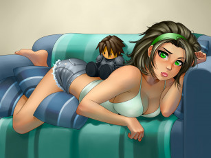 Картинка разное арты девушка диван грудь тело ноги игрушка взгляд попа шорты art