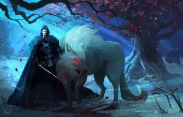 Картинка фэнтези люди alexandravo арт lone wolf джон сноу призрак ghost jon snow дерево мужчина волк game of thrones игра престолов