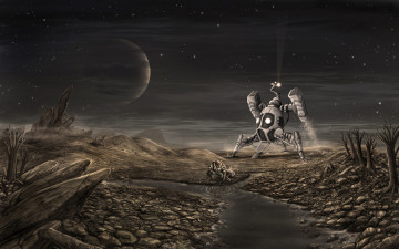 Картинка фэнтези роботы +киборги +механизмы планета звезды водоем человек космический корабль посадка