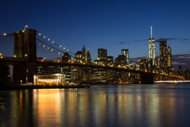 Обои картинки фото manhattan blue hour, города, нью-йорк , сша, огни, ночь, мост