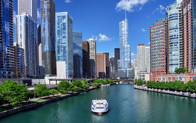 Обои картинки фото города, Чикаго , сша, Чикаго, река, канал, мосты, дома, небоскребы