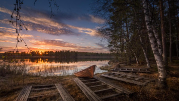 Картинка корабли лодки +шлюпки финляндия закат озеро берег лодка