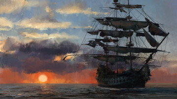 Картинка видео+игры skull+and+bones ship pirate game flag sunset skull and bones kaizoku