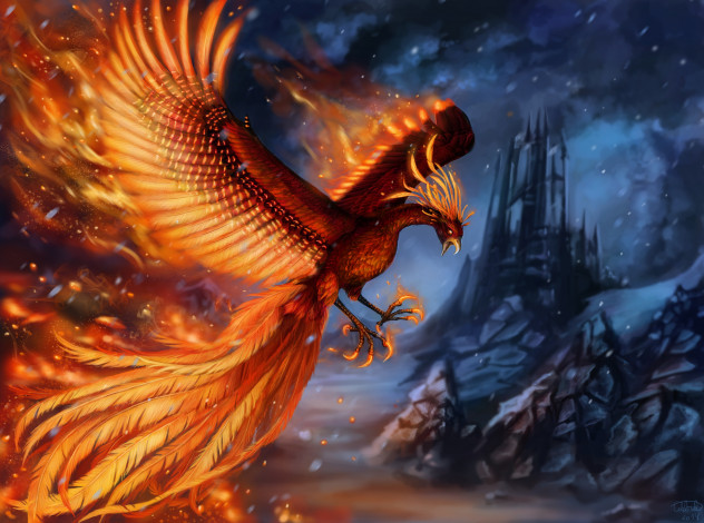Обои картинки фото фэнтези, существа, пламя, замок, арт, скалы, крылья, феникс, птица