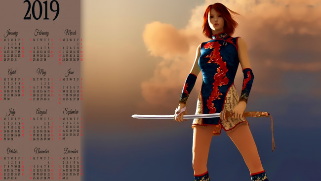 Обои картинки фото календари, фэнтези, calendar, кимоно, взгляд, оружие, девушка, воительница