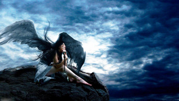 Картинка фэнтези ангелы девушка ангел крылья скала тучи