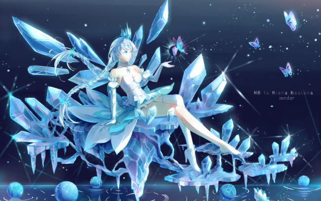 Обои картинки фото аниме, unknown,  другое , девушка, кристаллы, лед, вода, бабочки