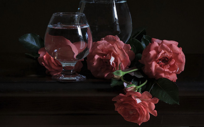 Обои картинки фото цветы, розы, бокал, вода