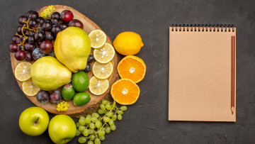 Картинка еда фрукты +ягоды фейхоа яблоки лимоны блокнот карандаш