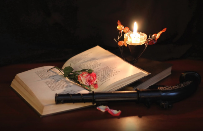 Обои картинки фото разное, канцелярия,  книги, свеча, пистолет, роза, книга