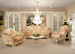 Картинка интерьер гостиная диван кресла стол зеркало мебель дизайн