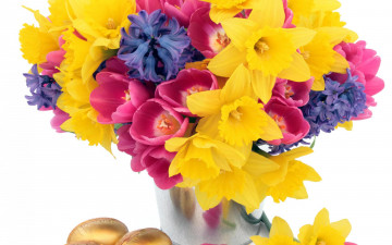 Картинка цветы букеты +композиции букет ведро нарциссы тюльпаны гиацинты