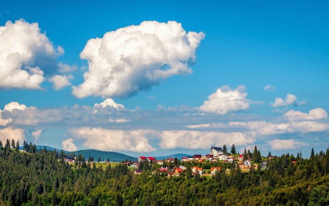 Обои картинки фото города, - пейзажи, трансильвания, пэлтиниш, romania, transylvania, paltinis, панорама, облака, лес, румыния