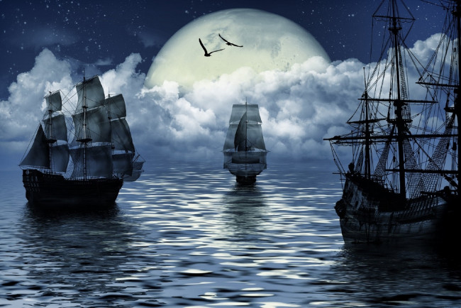 Обои картинки фото корабли, 3d, moon, sea, парусный, спорт, корабль, море, луна, фантазия, sailing, ship