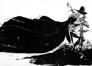 Картинка аниме di графика могила крест ди vampire hunter d плащ меч art yoshitaka amano охотник чёрно-белая шляпа