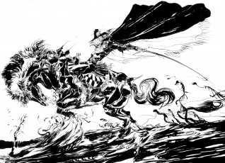 Картинка аниме di vampire hunter d ди yoshitaka amano art охотник меч плащ всадник лошадь графика чёрно-белая