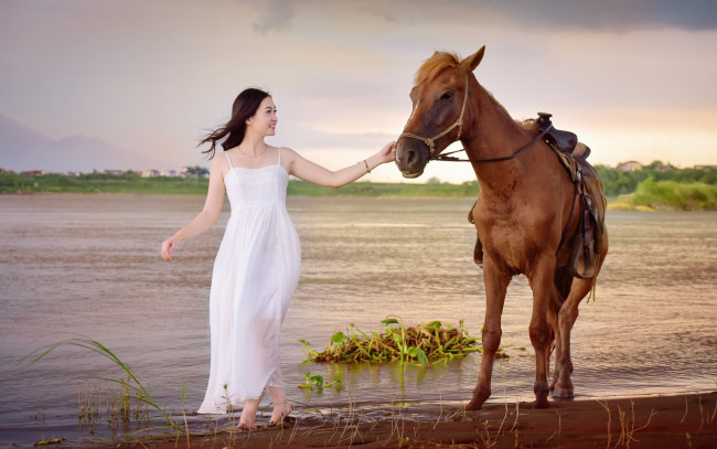 Обои картинки фото девушки, -unsort , азиатки, лошадь, девушка